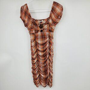 Madden NYC Ruched Puff Sleeve Brown Plaid Sweetheart Neck Mini Bodycon Dress Med